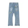 Män s jeans vintage lapptäcke blossade gata slitage män förstörda rippade jean byxor hiphop tvättade loggning smal blå 230906