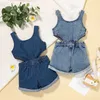 Overalls 1-4 year childrens denim Playsuits baby girls summer clothing solid color sleeveless hollow short sleeved jumpsuit girl full body d240515