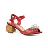 Kobiety panie 2024 oryginalne sandały sukienki buty 6 cm wycięte obcasy nity Peep Peep Toe Wedding Perl Bugacz Pasek koralika 3D Kwiat retro Mary Jane 7B37