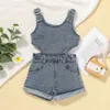 Overalls 1-4 Jahre Kinder-Denim-Spielanzuhren Baby Girls Sommerkleidung Feste Farbhülse hohle Kurzarm-Overallmädchen Ganzkörper D240515