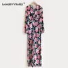 カジュアルドレスMaryyimeiファッション女性2024年春のバラ印刷された自由ho放なvネックの長袖パーティーフロアレングス長いドレス