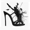 豪華な靴女性デザイナーフェザー装飾キャットウォークヒールメスサンダルセクシーなストラッピーブルーパープルブラック11 cmヒールウーマンシューズ240509