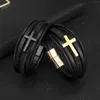 Bangle Light Luxury Fashion Multi-layer Genuine Leather Hand-woven Cross Charm Bracelet For Men Magnetic Clasp