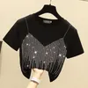 Diamond Short Sleeve T Shirt Female Slim Fit Fake Two Shiny Round Neck Summer Casual Aesthetic Y2K Tee Korean Kawaii kläder