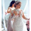 African Mermaid Wedding Dresses Detachable Train High Neck Lace Bridal Dress Long Sleeves Plus Size