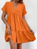 Casual Dresses Summer Women's Fresh and Sweet V-Neck Solid Color Stor Swing Kort klänning för kvinnor