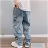 Herenjeans kruis borduurwerk retro gewassen mannen baggy jean broek sfeer stijl hiphop stierf vintage denim broek pantalons capris drop d dhby2