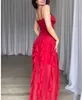 V Neck aftonklänning lång en linje formell klänning elegant röd chiffong formell fest prom klänning för kvinnor
