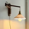 Wall Lamp Japanese Adjustable Solid Wood Ceramics Lampshade Bedroom Bedside Reading Light Vintage Retro LED Lights