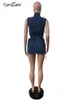 Kontturi Summer DrawString Denim Dresses for Women 2024 O Neck Sleeveless Pockets Jean Dress Streetwear Blue Mini Dress 240514