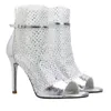 Sandały kobiety buty 2024 seksowne wysokie obcasy kobiety Bling Rhinestone Mesh Ladies Party Peep Toe Letni buty ABAC