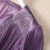2024 Summer Purple Solid Color Satin Beaded Dress Short Sleeve V-Neck Pleated Midi Casual Dresses S4W140509