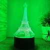 Bordslampor 1 st eiffeltorn 3D LED visuell akryl nattljus med avlägsna 16 färger som byter dimbar USB -driven sovrum dekoration bordslampa födelsedag chris
