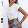 Fashionable and sexy pit stripe exposed navel style drawstring tie round neck short sleeved T-shirt women's bm top F51524