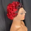 ヴォンダーヘアマレーシアペルーインディアンブラジル1Bレッド100％生バージンレミーヒューマンヘアピクシーカーリーカット13x1ショートウィッグP33