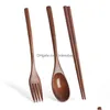 Dinnerware Sets New 3Pcs/Set Wooden Tableware Set Reusable Cake Fork Spoon Dumpling Japan Noodle Sushi Chopsticks Kitchen Cutlery Acce Dhf18