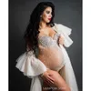 マタニティの女神vネックラインストーンパール写真撮影小道のための豪華なストレッチパーティージャンプスーツ妊娠ドレスボディスーツ