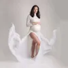マタニティフォトグラフィーの小道具ドレス伸縮性のあるレースボディースーツの取り外し可能なシフォンサイド写真撮影妊娠アクセサリーのスリットスカート