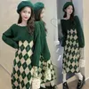 Work Dresses Women Autumn Winter Green Sweater Tank Dress Two Piece Set Korean Lady Palid Sleeveless Short Knit Tops Outfits 2024