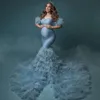Verbazingwekkende stoffige blauwe kraamfotoshoot weelderige ruches zwangerschap Babyshower bruidsjurk voor fotografie