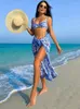 Women's Swimwear Peachtan 3 Piece Bikini Set Blue Push Up Korean Style Vintage Bathing Suit Ladies Women Beachwear Sets