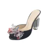 Damer 2024 Kvinnor Real Leather Rhinestone High Heels Sandaler Suede Summer Flip-Flops Slipper Slip-On Dress Shoes Diamond Rallots 3D Colorful Flower Black 0917