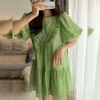 Maternidade de maternidade verde Moda de roupa de verão PLUS TAMANHA MULHER MUNI VESTIDO DRESSÃO PUFFROVE RUFLY RUFLY PTCHWORK O-GEGO DE GEGUNDADE VESTIDOS