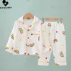 Pajamas Childrens Summer Thin Pajama Set New 2023 Boys and Girls Cotton Linen Cartoon Long sleeved Flip Collar Shirt Top Baby Pajamas d240516