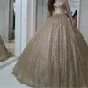 Partykleider Janevini Sparkle Gold Ballkleid Plus Größe Prom Schatz Pailled Big Bow Back Sweep Zug Dubai Luxus Abendkleider