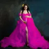 Pluize gouden zwangerschapsgewaden voor zwangere vrouwen uit schouder een lijn tule fotografie jurken sexy sweep trein baby shower jurken