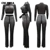 Women's Two Piece Pants Women Sexy Party Club Mesh See Though Diamonds Rhinstone Wide Leg Suit And Long Sleeve T-shirt 2 Set