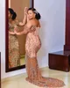 2023 août Aso Ebi Gold Mermaid Prom Dress Crystals Crystals Luxurious Night Formal Fête Deuxième réception Robes de fiançailles d'anniversaire Robe de Soiree