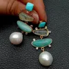 Yygem Natural Geometric Turquoise Ite Prehnite Freshwater White Pearl StudEarrings Gold Fill Office Style for Women 240515
