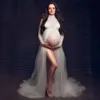 Elegant svart moderskapsfotografering Props klänningar Sexig transparent stretch mesh topp lapptäcke kjol gravida kvinnor maxi klänning