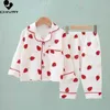 Pajamas Childrens Summer Thin Pajama Set New 2023 Boys and Girls Cotton Linen Cartoon Long sleeved Flip Collar Shirt Top Baby Pajamas d240516