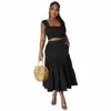 Work Dresses Summer Elegant Off The Shoulder Ruffled Suspenders Top And Long Skirt Solid Color Two-piece Set Women Beach Bohemian Holidy