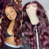 High Gloss Burgundy Curly 13x4 Transparent Lace Front Wig Human Hair Wig Women's Brazilian Hair Glueless Full Lace Front Synthetic Wig