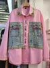 Deat dames denim shirt losse klinknagels diamanten patchwork een enkele borsten witte lange mouw blouse 2024 zomermode 29L1834 240515