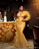 2024 Gold Luxurious Prom Dresses for Black Women Plus Size Long Mermaid Feathered Beaded Pearls Lace Long Sleeves Birthday Dress Second Reception Gala Gowns AM963