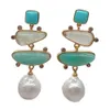 Yygem Natural Geometric Turquoise Ite Prehnite Freshwater White Pearl StudEarrings Gold Fill Office Style for Women 240515