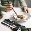 Dinnerware Sets New 3Pcs/Set Wooden Tableware Set Reusable Cake Fork Spoon Dumpling Japan Noodle Sushi Chopsticks Kitchen Cutlery Acce Dhf18