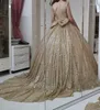 Partykleider Janevini Sparkle Gold Ballkleid Plus Größe Prom Schatz Pailled Big Bow Back Sweep Zug Dubai Luxus Abendkleider