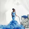 Himmelblaue Meerjungfrau Kleider Maxi Entbindlichkeit Robe für Fotoshooting Schatz abgestuftet Rüschen Hochzeit Brautdrehkleid