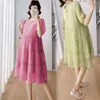 Doces de mulheres grávidas Roupa de verão Puff Sleeve O-pescoço solto Maternidade Vestidos de chiffon vestido de banheiro vestido de banheiro fofo rosa verde