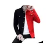 Mens Jackets Spring Autumn Men Casual Slim Denim Jacket Black White Red Color Matching Homme Letters Embroided Harajuku Style Coat D DH463