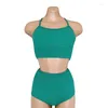 Women's Swimwear Sexy High Waist Bikini Women Solid Green Cut Out Swimsuit Biquini Crop Top Pleated Tummy Control Bathing Suit Pad Korea