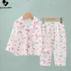 Pajamas Childrens Summer Thin Pajama Set New 2023 Boys and Girls Cotton Linen Cartoon Long sleeved Flip Collar Shirt Top Baby Pajamas d240516