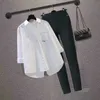 Zestawy damskie zwykłe bawełniane koszule solidne z długim rękawem top bluzka słodka luźna elastyczna talia Pencil Pants Suit 240516