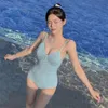 Blue One Piece Swimsuit Female 2024 Korean Swimwear Women Button Bathing Suits Summer Beach Wear Bather Monokini Swimming Pool
