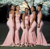 Pink Trumpet Mermaid Bridesmaid Dress One Shoulder Beaded Spets Satin Dresses For Wedding Party Prom Gowns Vestidos de Fiesta Para Bodas